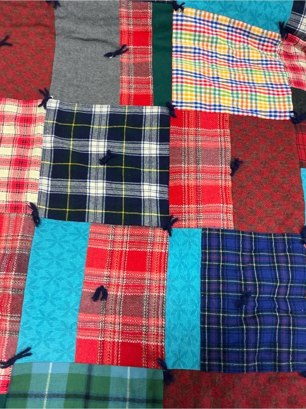 Vintage handmade patchwork quilt yarn tied plaid blanket with skirt 82x70